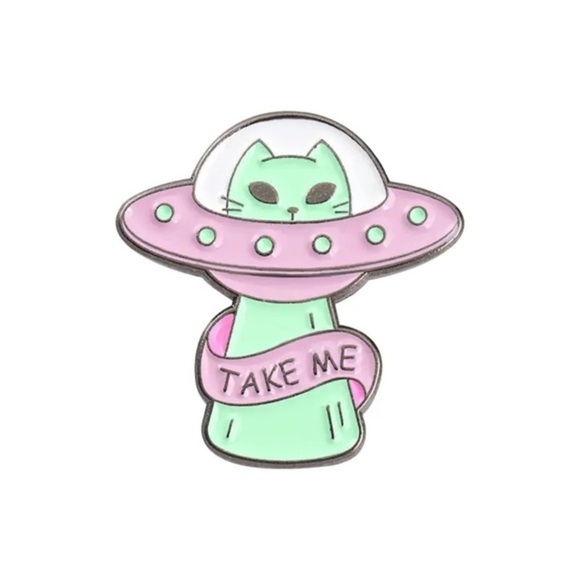 Cat Spaceship Take Me Enamel Pin - Picture 1 of 2